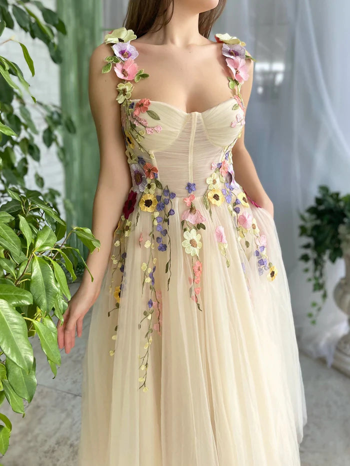 Weitese Dress Corset A-Line Champagne Backless Sleeveless Midi Homecoming Dress With 3D Flowers
