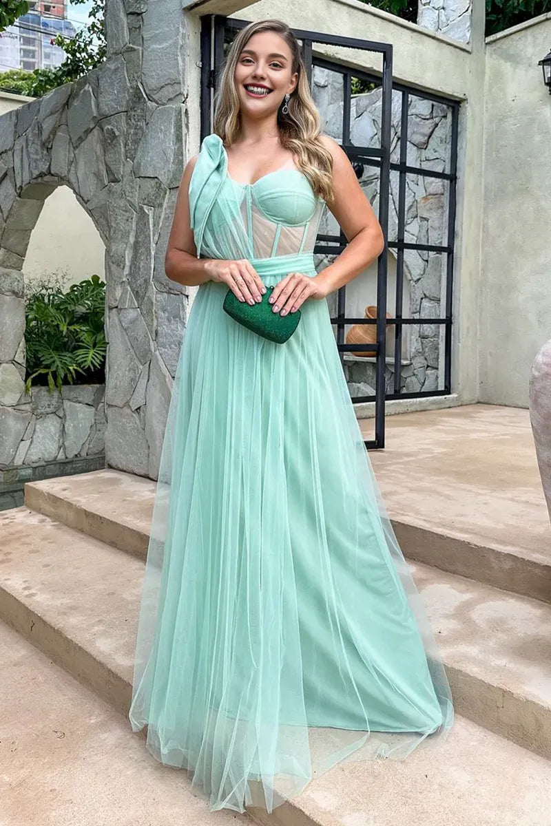 Weitese Dress Corset Design One Shoulder Tulle Gowns Maxi Dresses Green Prom Dress