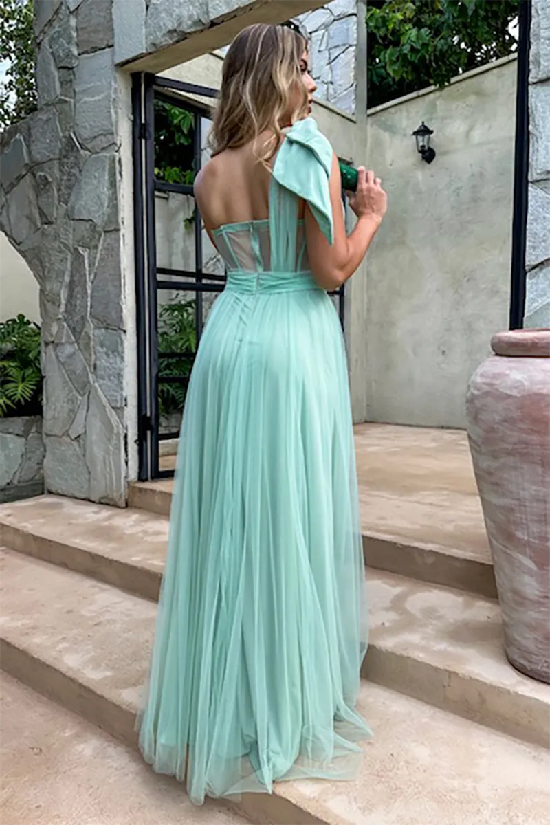 Weitese Dress Corset Design One Shoulder Tulle Gowns Maxi Dresses Green Prom Dress
