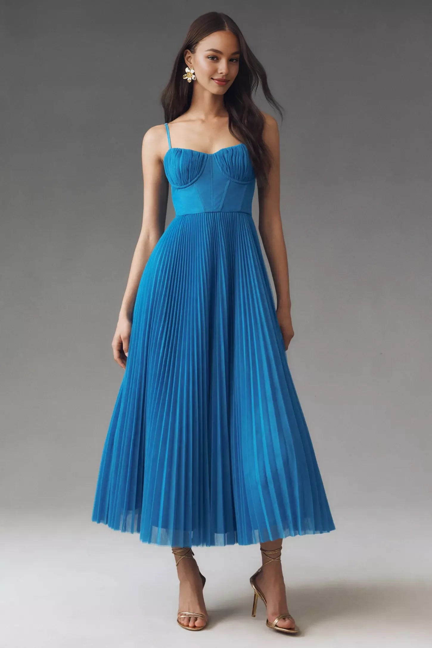 Robe Weitese Corset plissée en tulle, robe mi-longue ajustée et évasée à bretelles spaghetti, robe de bal trapèze bleue 