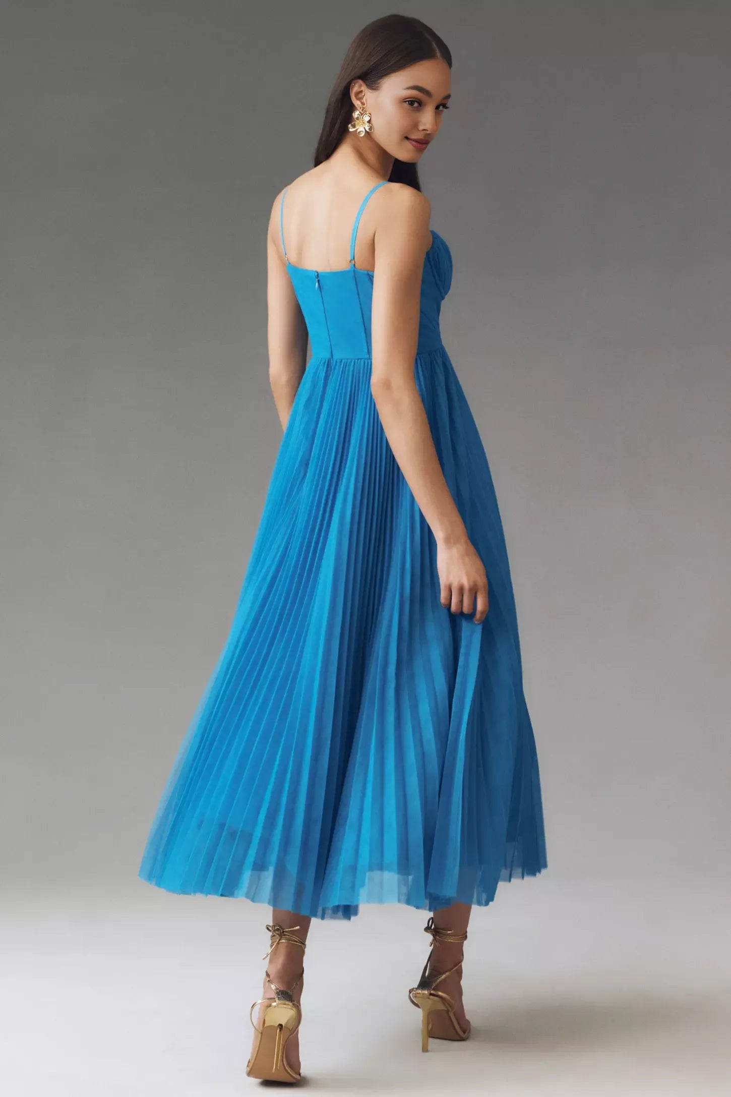 Robe Weitese Corset plissée en tulle, robe mi-longue ajustée et évasée à bretelles spaghetti, robe de bal trapèze bleue 
