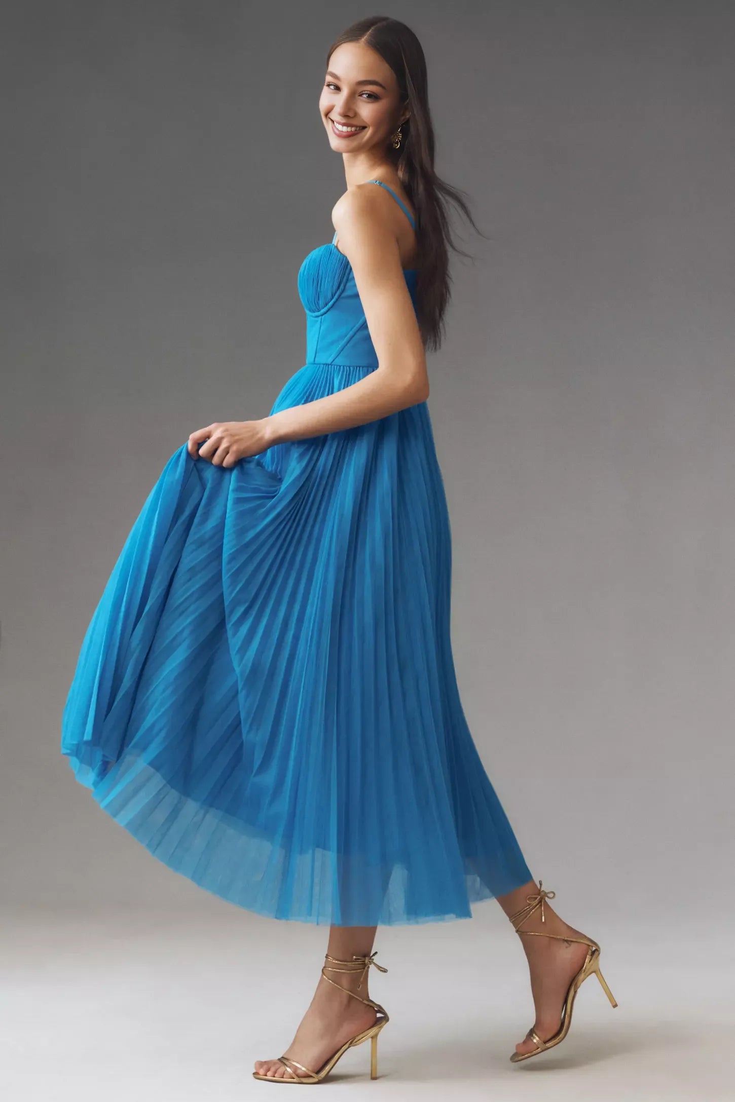 Robe Weitese Corset plissée en tulle, robe mi-longue ajustée et évasée à bretelles spaghetti, robe de bal trapèze bleue 