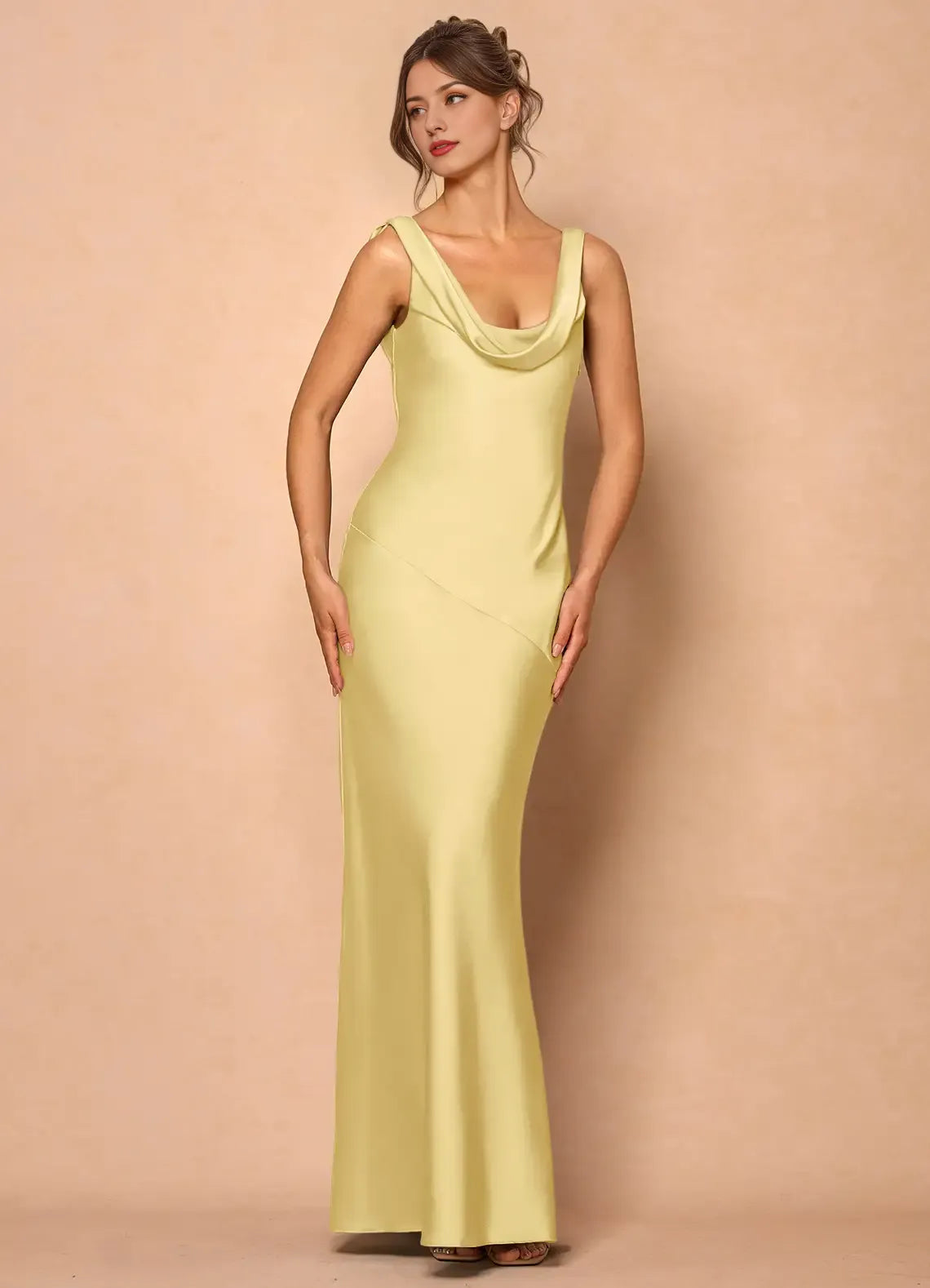 Weitese Dress Cowl Neck Elegant Sleeveless Mermaid Maxi Dress Prom Dress Simple Satin Backless Lemon Evening Dress