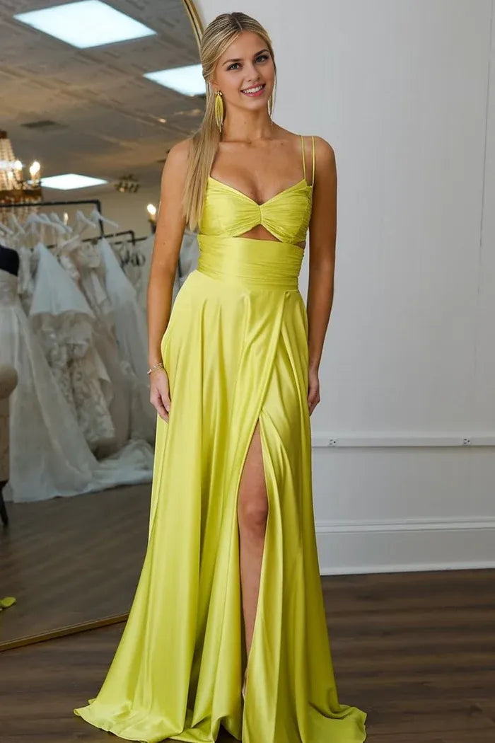 Robe Weitese mignonne, coupe trapèze, bretelles spaghetti jaunes, robe longue en satin, robe de bal avec fente haute 