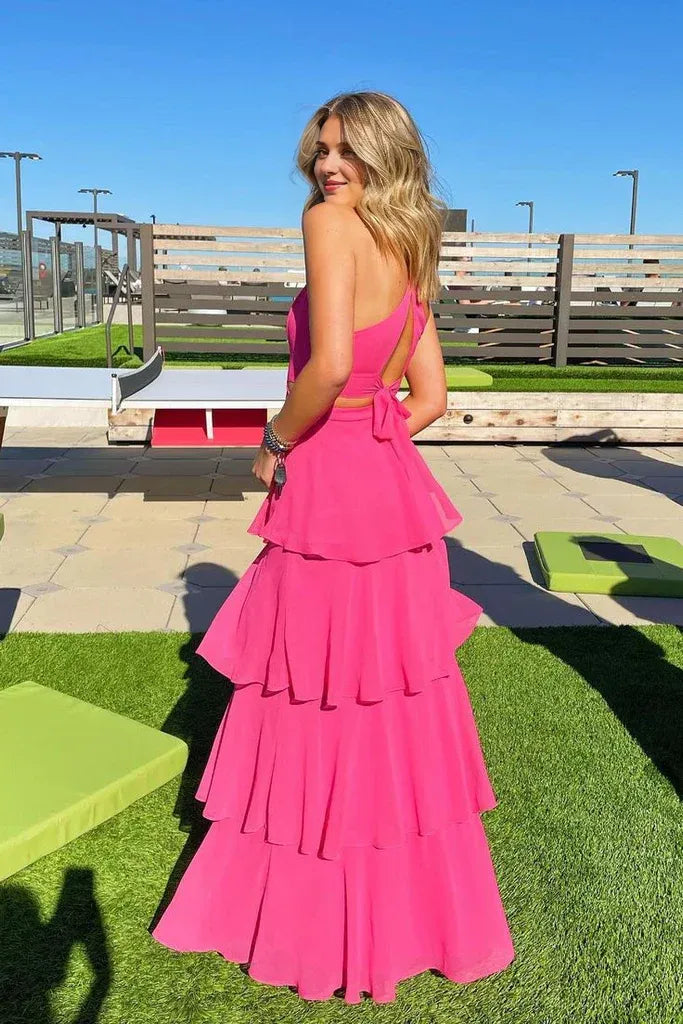 Weitese Dress Cute A Line Deep V Neck Halter Pink Sleeveless Tiered Prom Dress