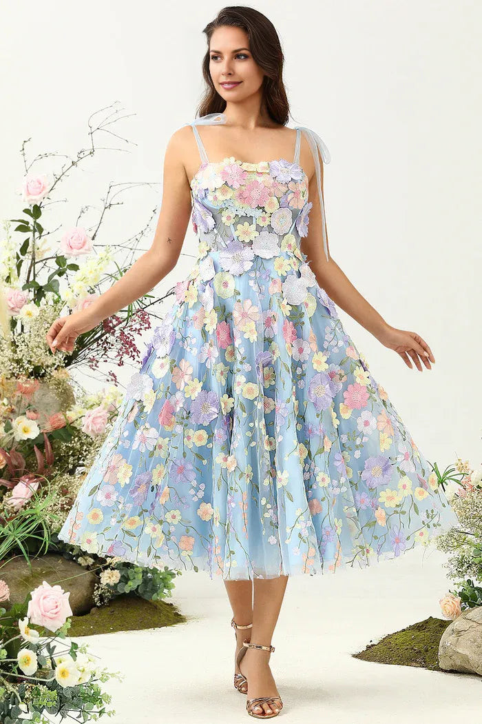 Weitese Dress Cute A Line Spaghetti Straps Blue Tea Length Party Dress With 3D Flowers Prom Dress