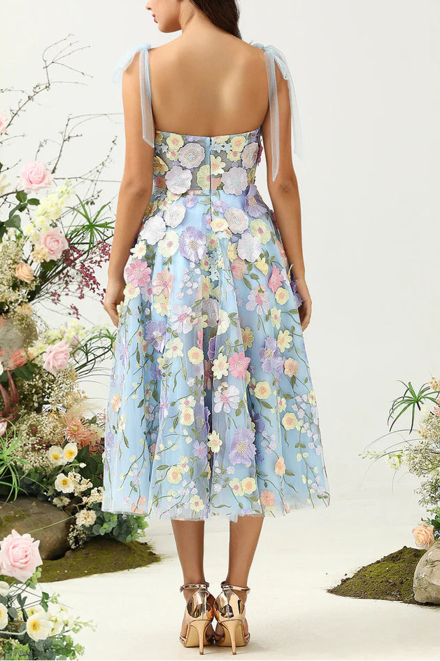 Weitese Dress Cute A Line Spaghetti Straps Blue Tea Length Party Dress With 3D Flowers Prom Dress