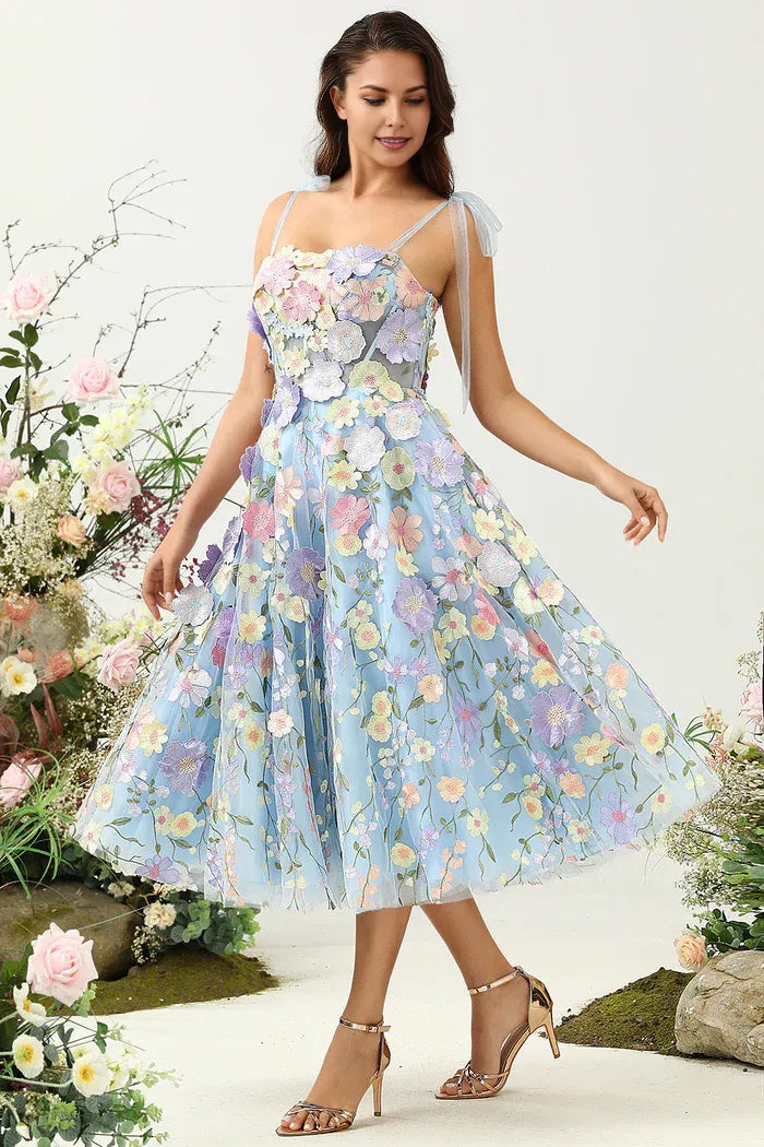 Weitese Dress Cute A Line Spaghetti Straps Blue Tea Length Party Dress With 3D Flowers Prom Dress