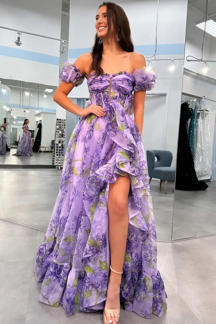 Weitese Dress Cute A Line Sweetheart Lavender Floral Prom Dresses With Detachable Sleeves