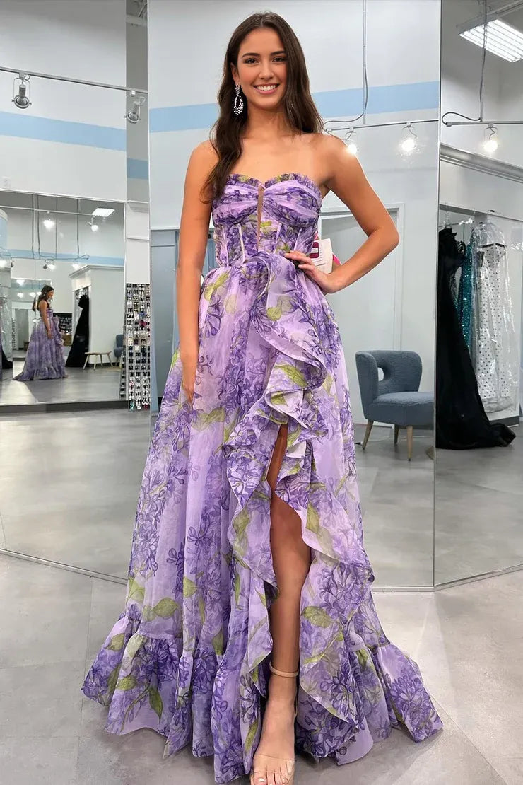 Weitese Dress Cute A Line Sweetheart Lavender Floral Prom Dresses With Detachable Sleeves