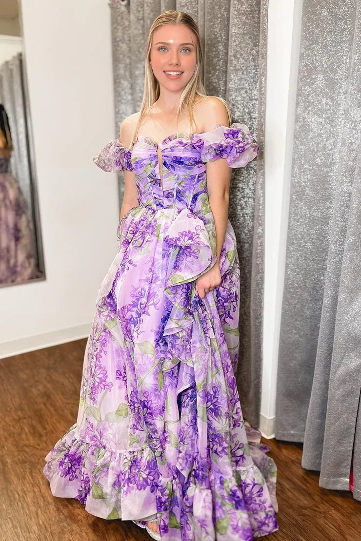 Weitese Dress Cute A Line Sweetheart Lavender Floral Prom Dresses With Detachable Sleeves