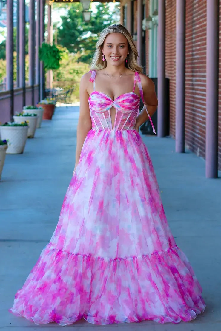 Weitese Dress Cute A Line Sweetheart Pink Printed Chiffon Long Prom Dresses