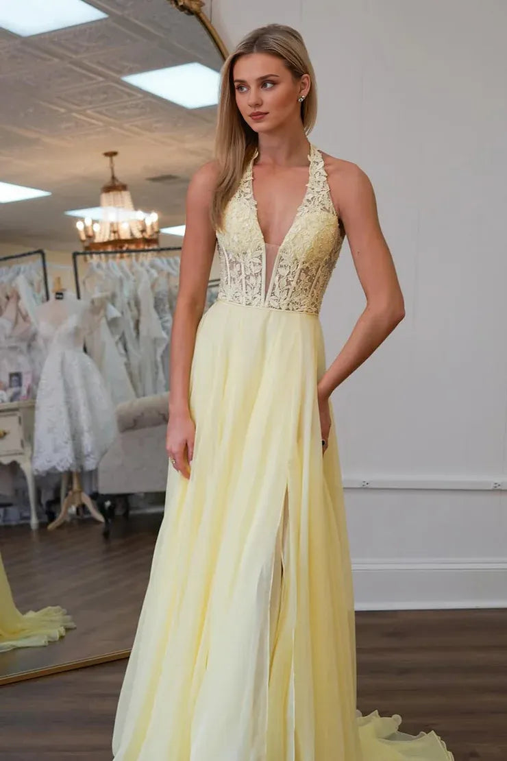 Weitese Dress Cute A Line V Neck Daffodial Chiffon Long Prom Dress with Appliques