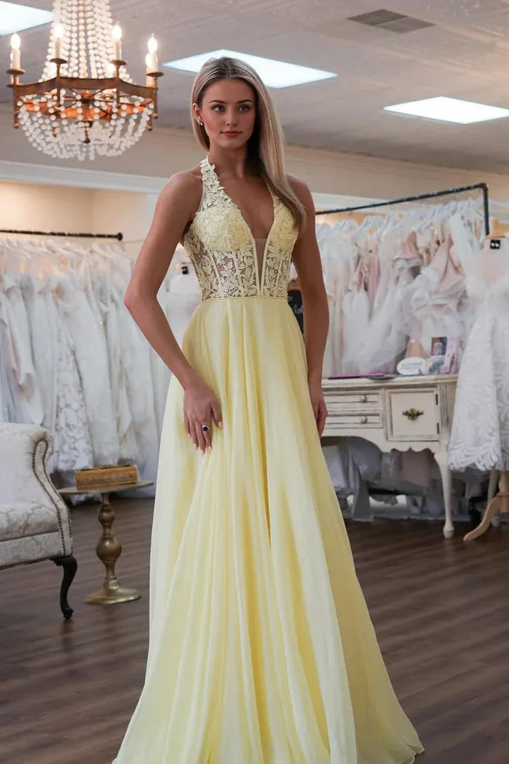 Weitese Dress Cute A Line V Neck Daffodial Chiffon Long Prom Dress with Appliques