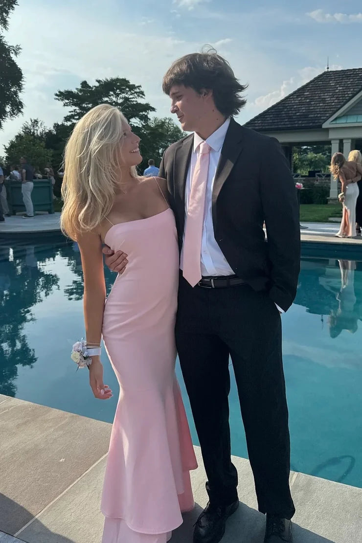 Robe de bal longue en satin rose clair, jolie et charmante, style sirène, bretelles spaghetti 