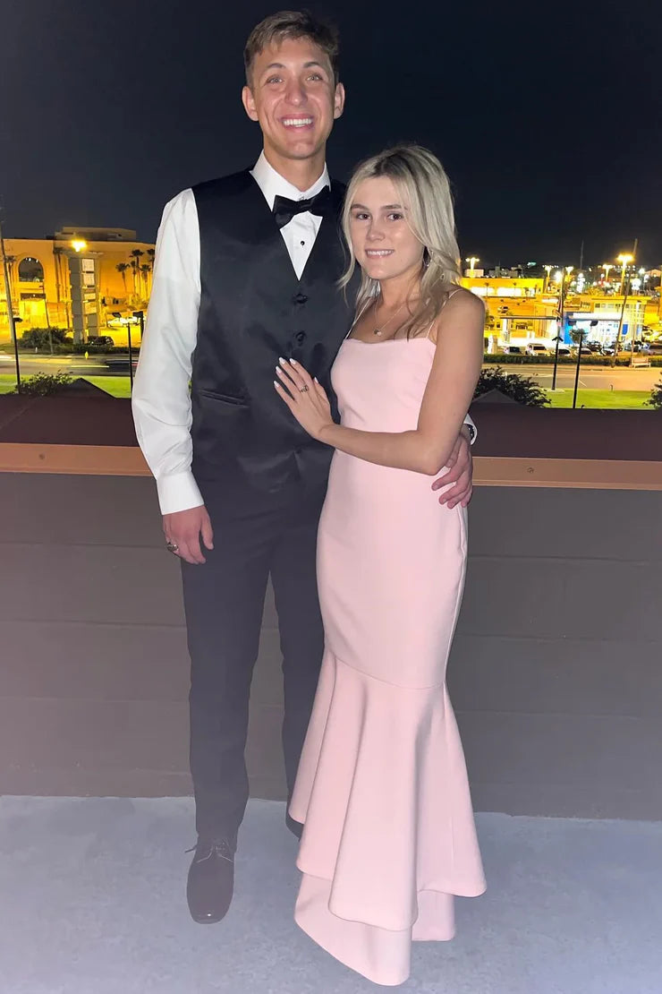 Robe de bal longue en satin rose clair, jolie et charmante, style sirène, bretelles spaghetti 