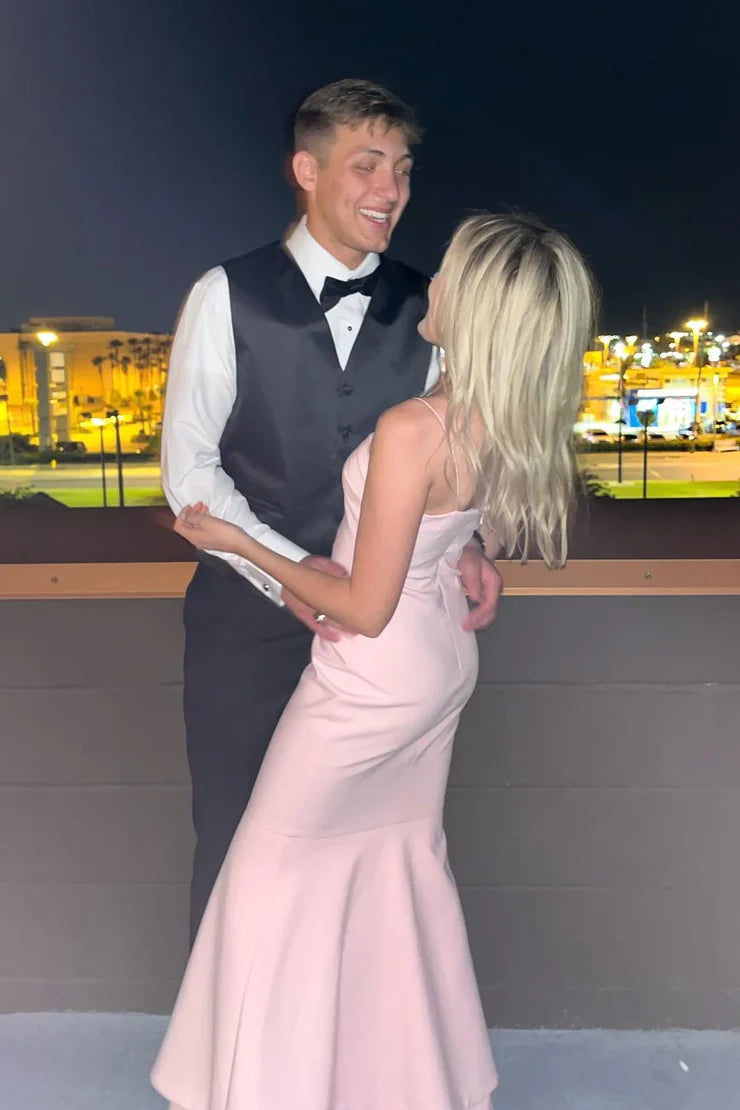 Robe de bal longue en satin rose clair, jolie et charmante, style sirène, bretelles spaghetti 