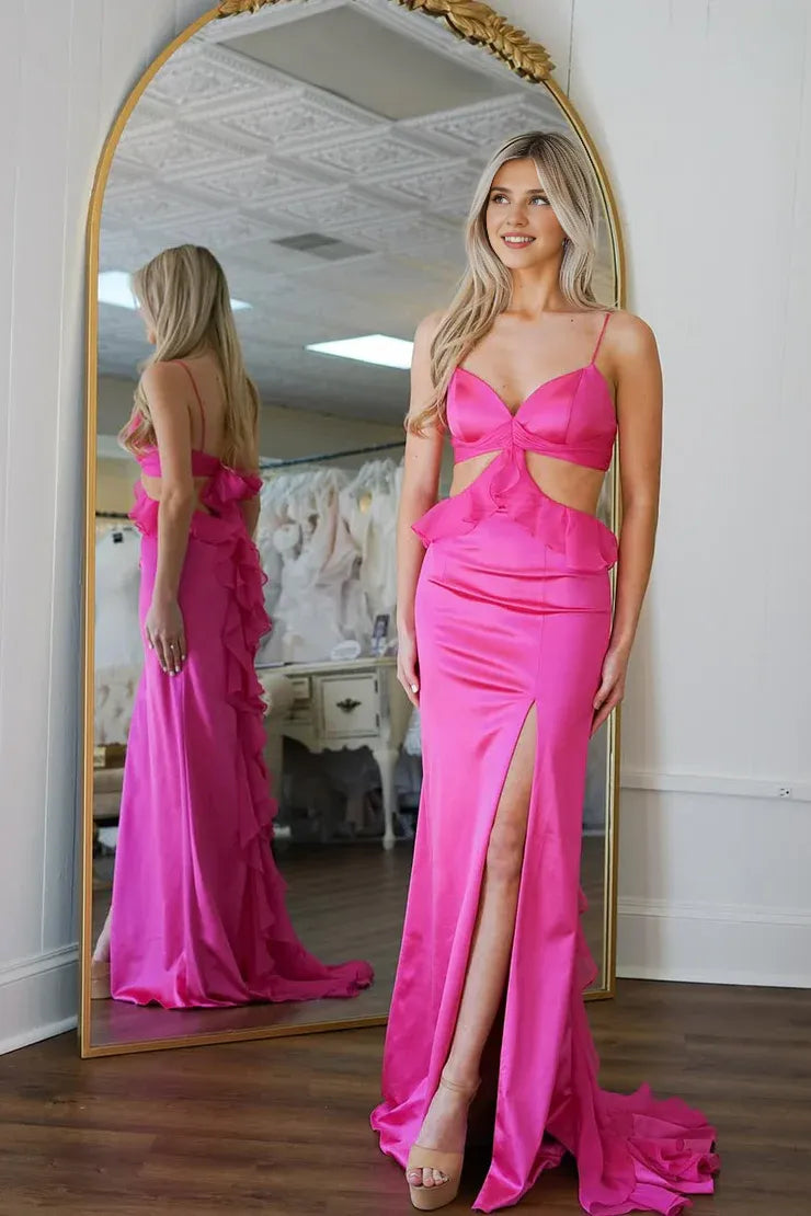 Robe de bal sirène en satin fuchsia à volants et bretelles spaghetti avec fente 