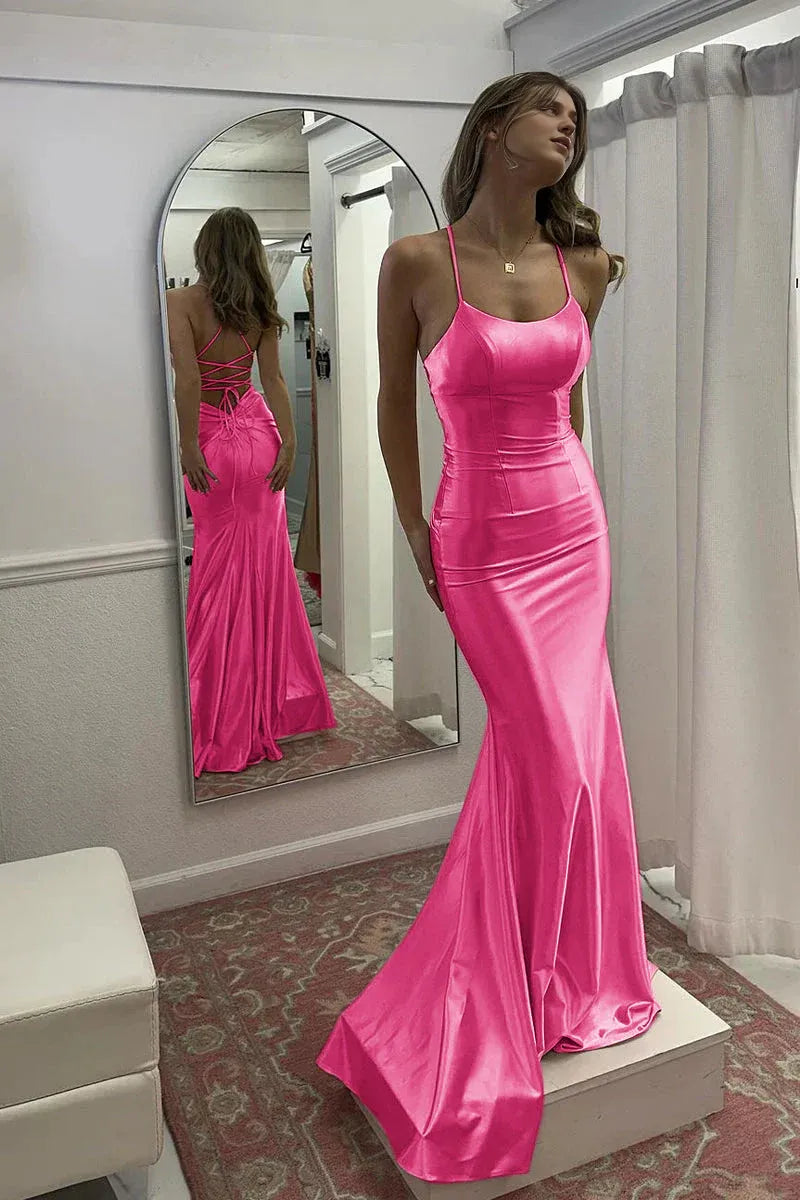 Robe Weitese mignonne sirène col rond rose satin longue robe de bal 