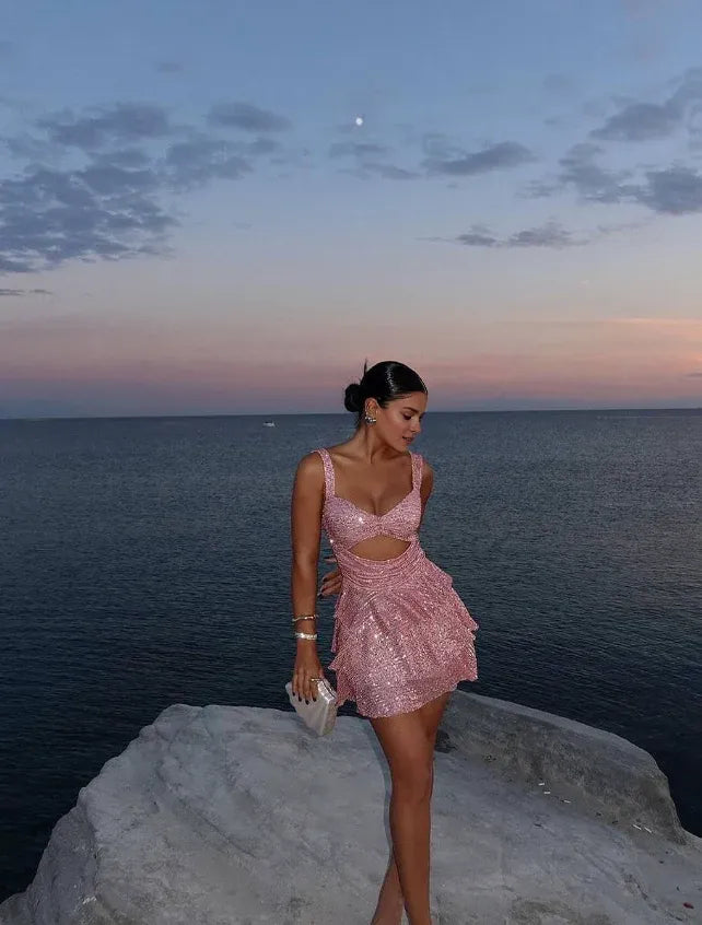 Weitese Dress Cute Pink A Line Straps Sequin Short Homecoming Dress Birthday Dress Party Dress