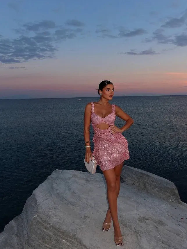 Weitese Dress Cute Pink A Line Straps Sequin Short Homecoming Dress Birthday Dress Party Dress