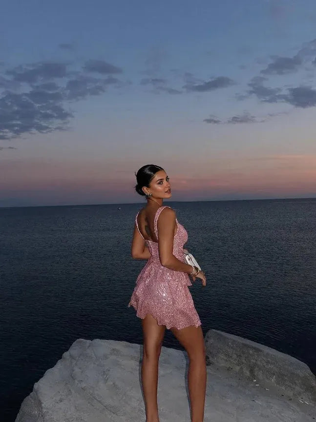 Weitese Dress Cute Pink A Line Straps Sequin Short Homecoming Dress Birthday Dress Party Dress