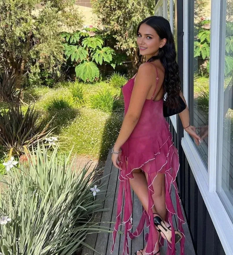 Weitese Dress Cute Sheath Spaghetti Strap Ruffle Chiffon Short Homecoming Dress Birthday Dress Party Dress