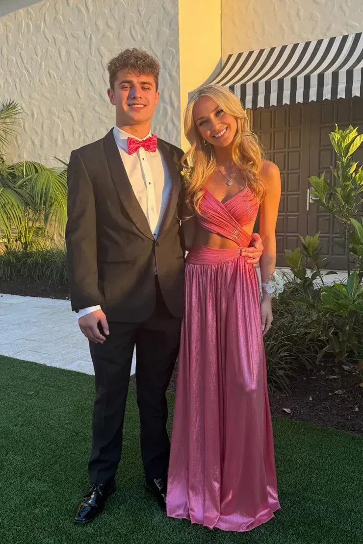 Weitese Dress Cute Spaghetti Straps Open Back A Line V Neck Pink Long Prom Dress