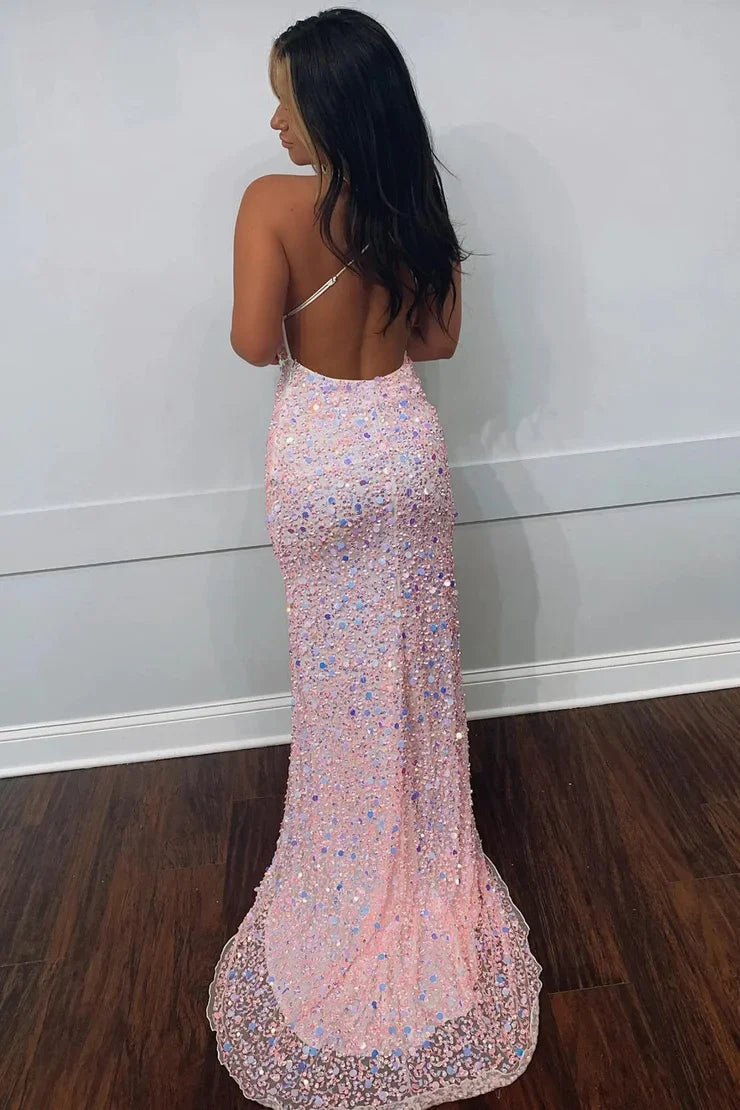 Weitese Dress Cute Sparkly Mermaid V Neck Pink Sequins Prom Dresses