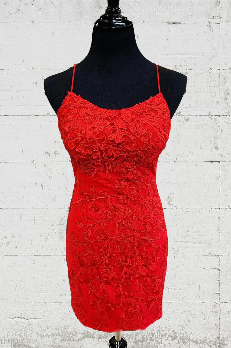 Weitese Dress Cute Tight Red Lace Spaghetti Straps Short Party Dress Lace Up Mini Homecoming Dress