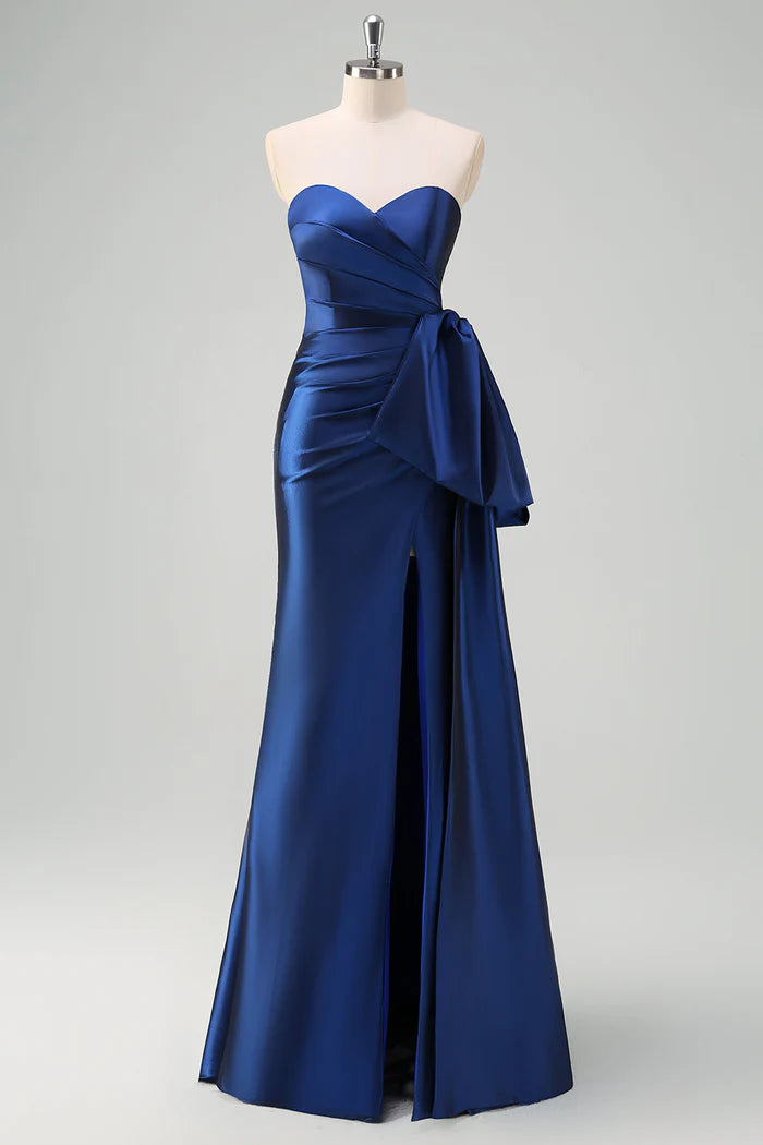 Robe Weitese bleu foncé, robe de soirée plissée sans bretelles, robe longue sans manches avec nœud drapé, robe de bal 