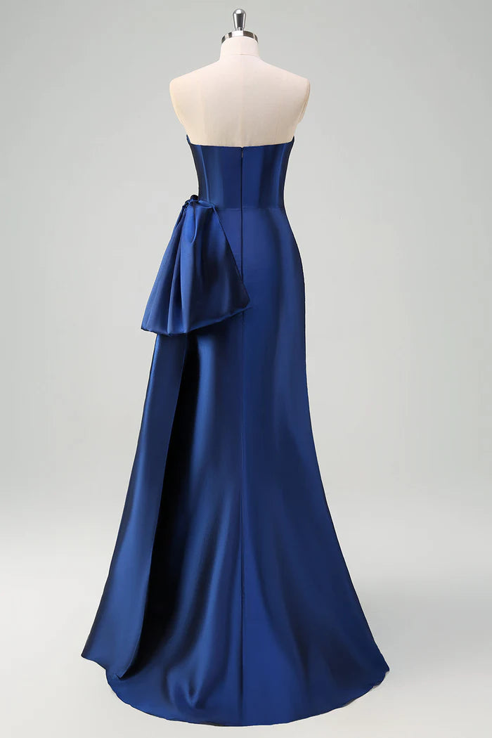 Robe Weitese bleu foncé, robe de soirée plissée sans bretelles, robe longue sans manches avec nœud drapé, robe de bal 