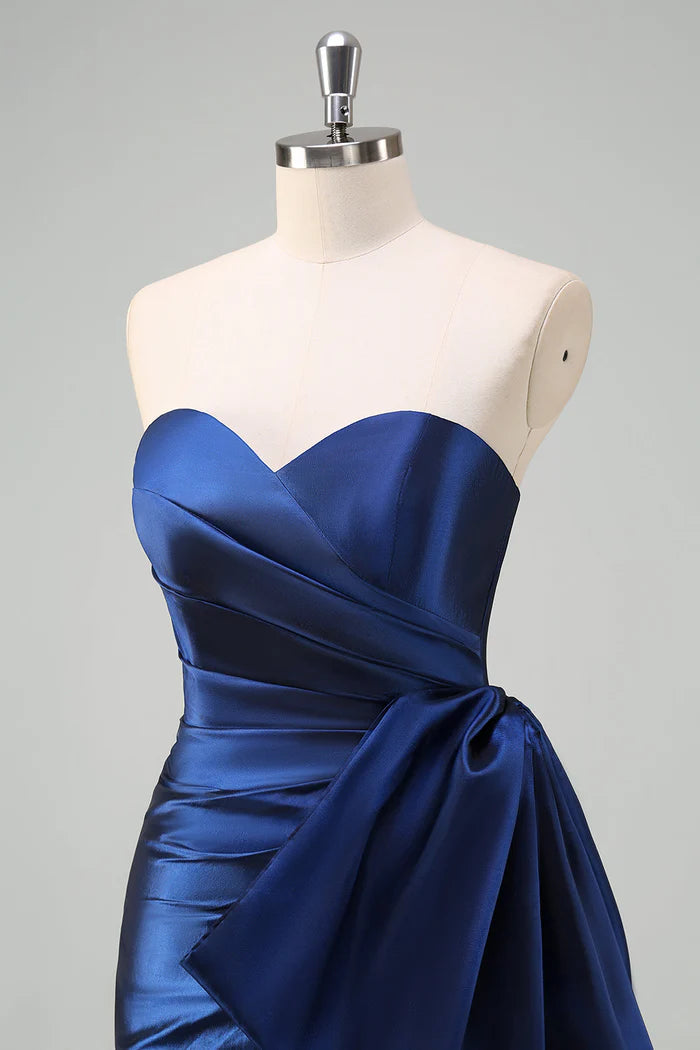 Vestido Weitese azul oscuro sin tirantes, plisado, para fiesta, largo, sin mangas, con lazo drapeado, para graduación. 