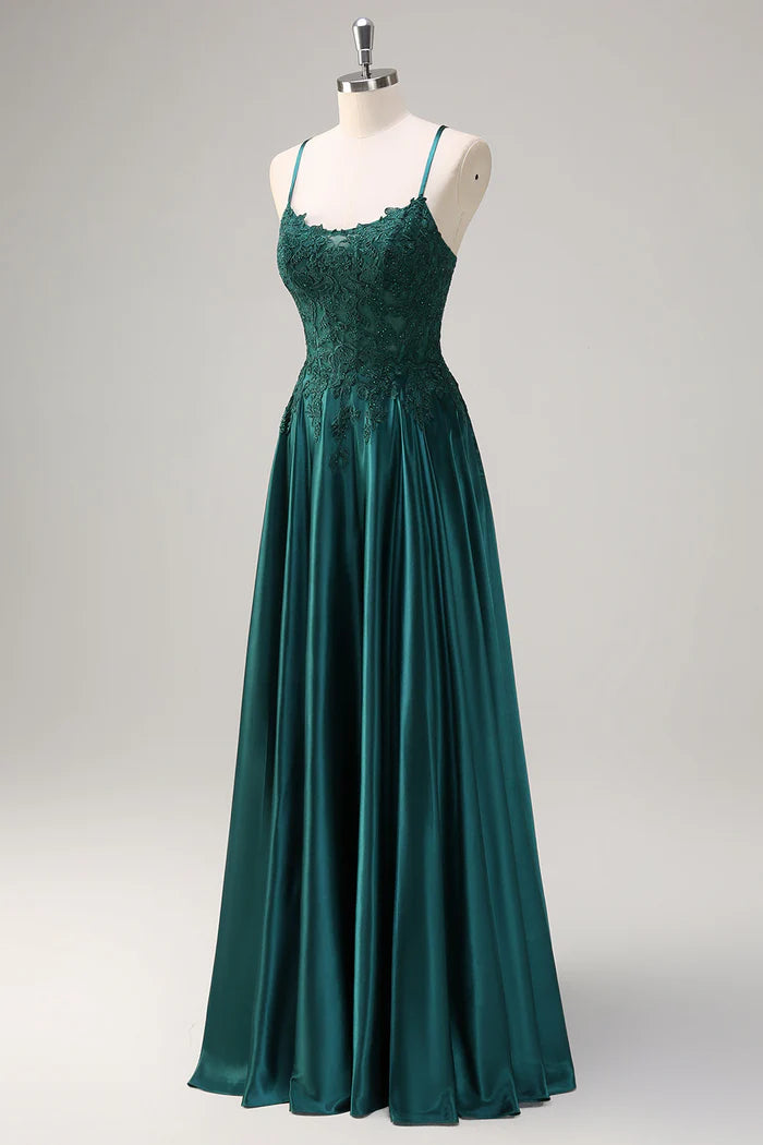 Robe longue Weitese vert foncé, coupe trapèze, bretelles spaghetti, satin, perles, sans manches, avec appliques, robe de bal 