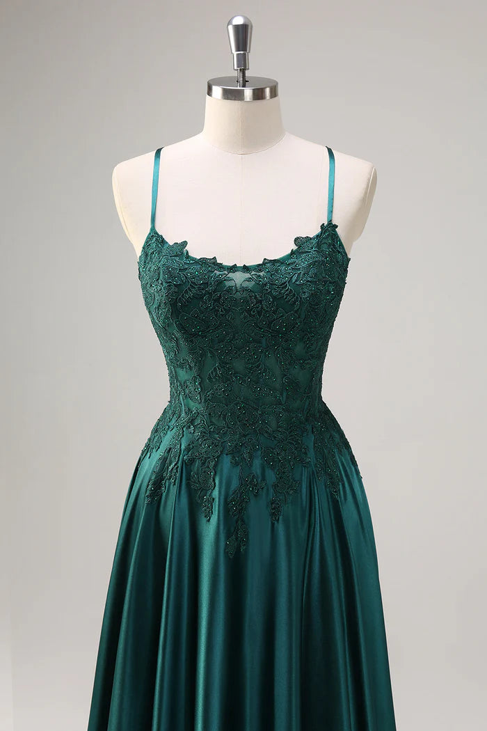 Robe longue Weitese vert foncé, coupe trapèze, bretelles spaghetti, satin, perles, sans manches, avec appliques, robe de bal 