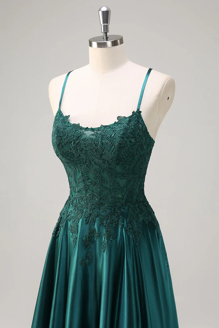 Robe longue Weitese vert foncé, coupe trapèze, bretelles spaghetti, satin, perles, sans manches, avec appliques, robe de bal 