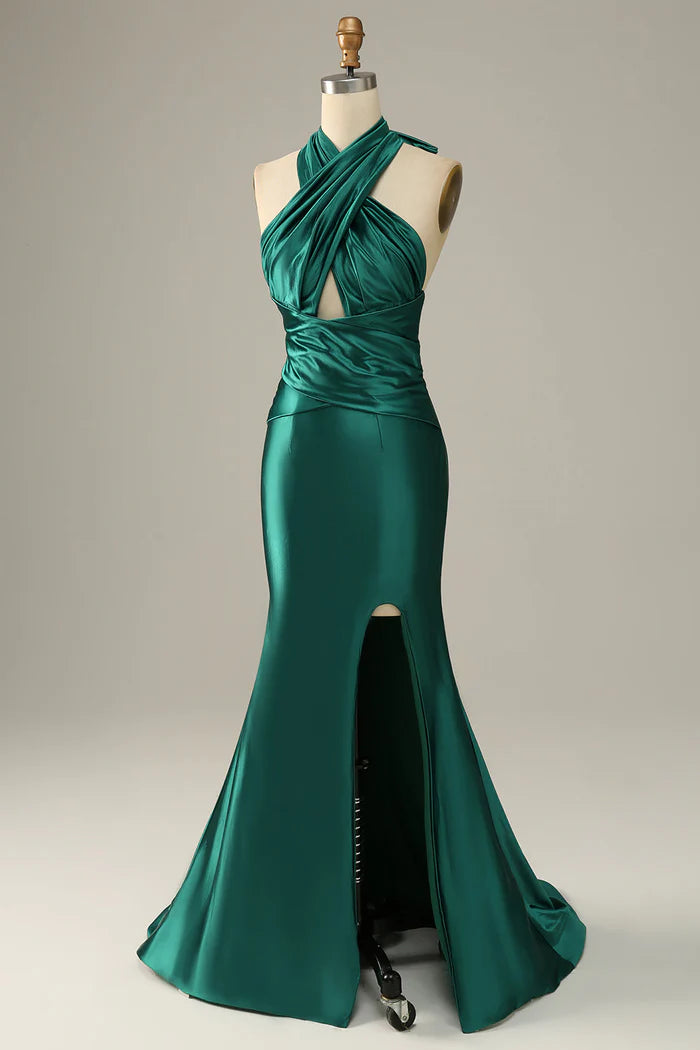 Robe Weitese vert foncé dos nu à lacets sirène robe longue robe de bal sans manches fente satin robe de soirée 