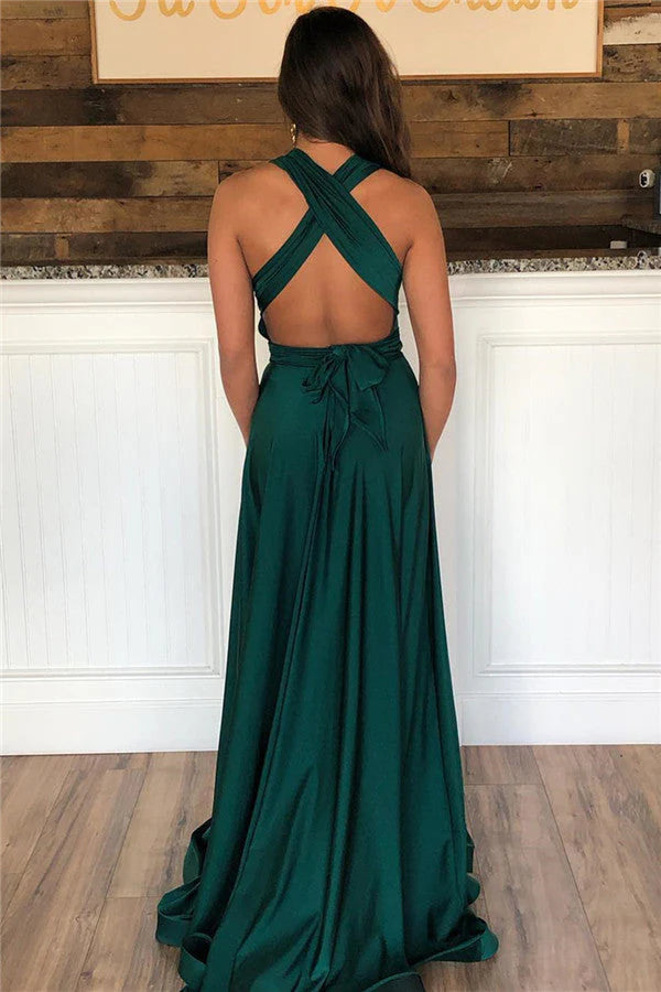 Robe de bal longue vert foncé Weitese, coupe trapèze, dos nu, avec fente 
