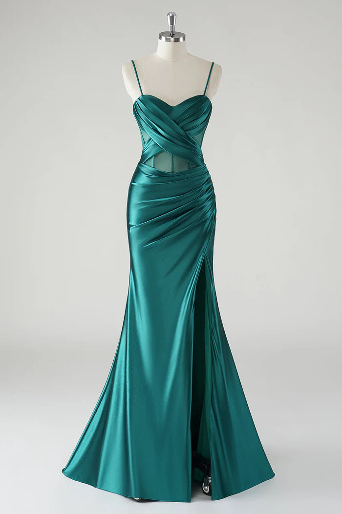 Robe Weitese vert foncé sirène satin bretelles spaghetti robe longue robe de bal avec fente robe de soirée 