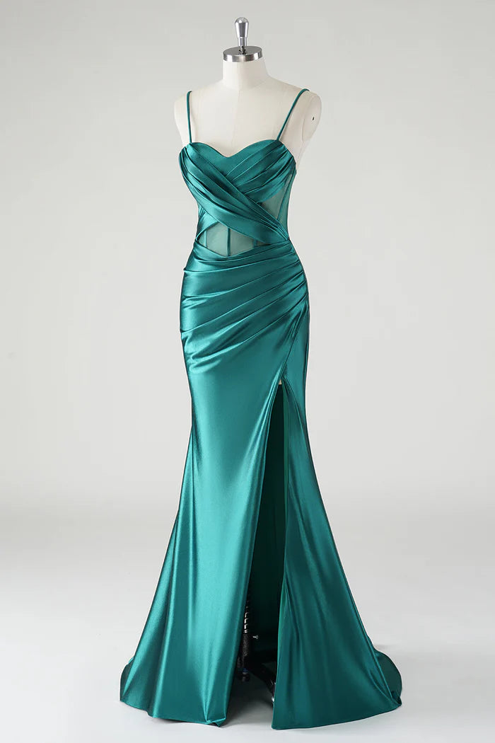 Robe Weitese vert foncé sirène satin bretelles spaghetti robe longue robe de bal avec fente robe de soirée 