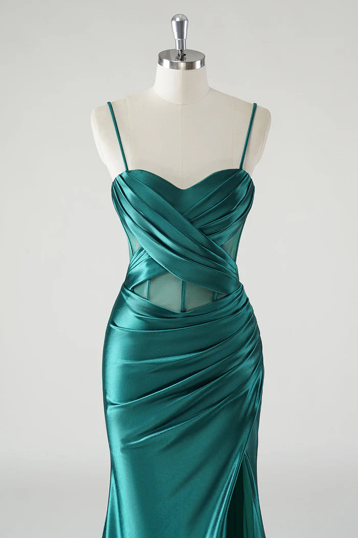 Robe Weitese vert foncé sirène satin bretelles spaghetti robe longue robe de bal avec fente robe de soirée 