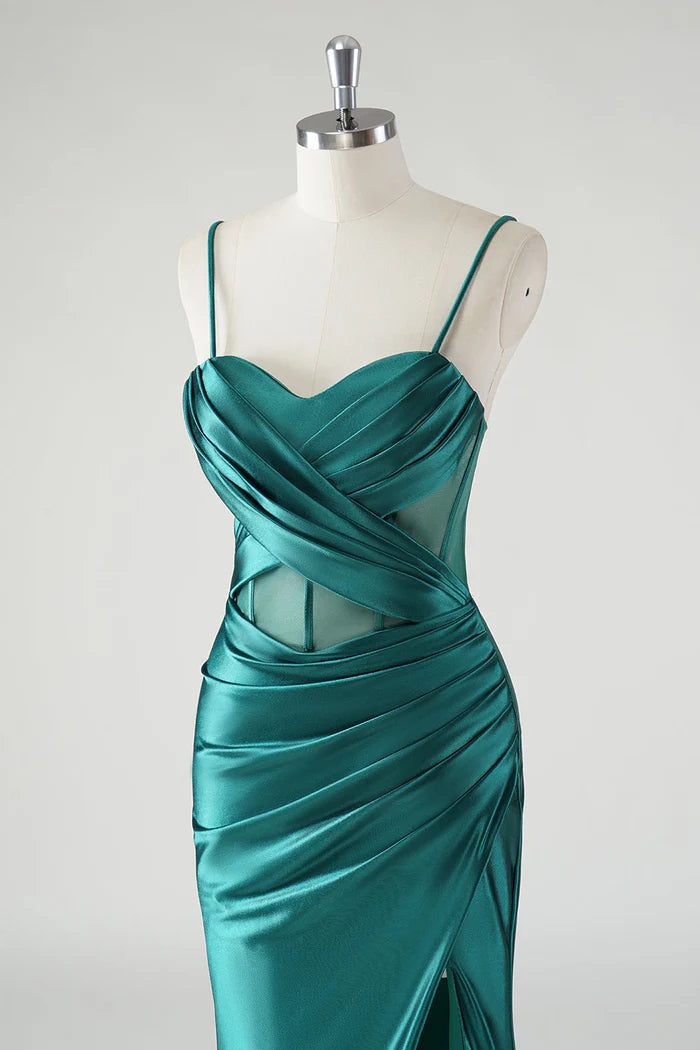 Robe Weitese vert foncé sirène satin bretelles spaghetti robe longue robe de bal avec fente robe de soirée 