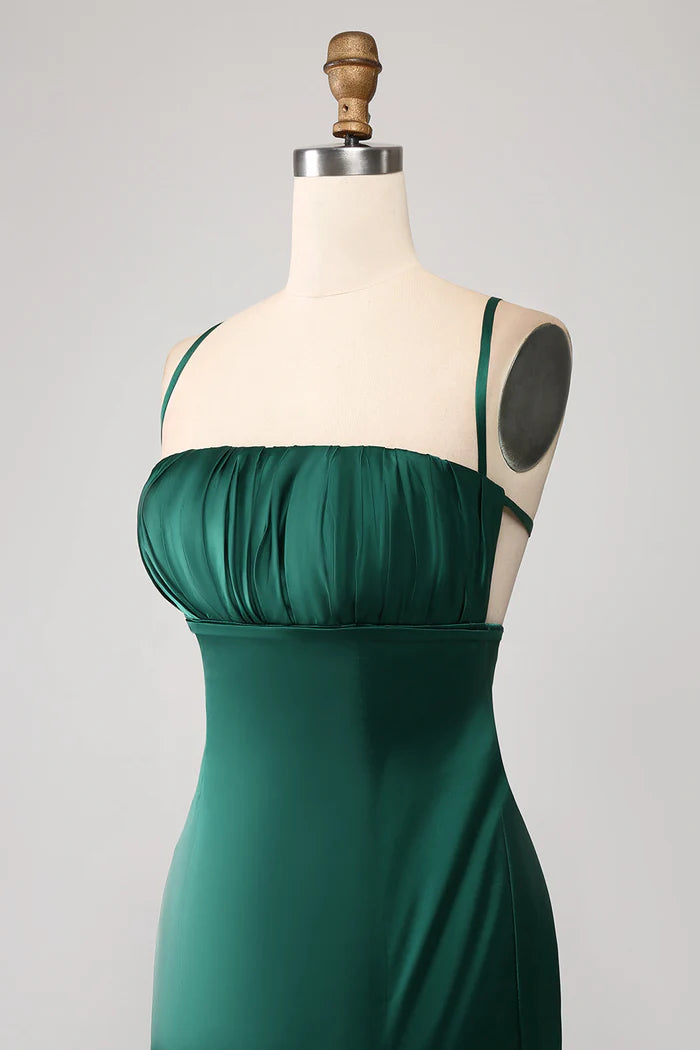 Robe Weitese vert foncé sirène bretelles spaghetti robe de soirée en satin robe longue avec robe de bal plissée 