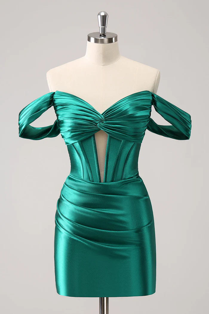 Weitese Dress Dark Green Tight Off the Shoulder Corset Satin Homecoming Dress Pleats Sleeveless Bow Party Dress