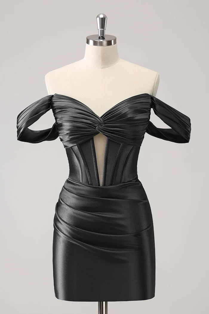 Weitese Dress Dark Green Tight Off the Shoulder Corset Satin Homecoming Dress Pleats Sleeveless Bow Party Dress