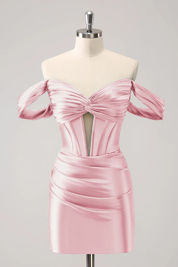 Weitese Dress Dark Green Tight Off the Shoulder Corset Satin Homecoming Dress Pleats Sleeveless Bow Party Dress