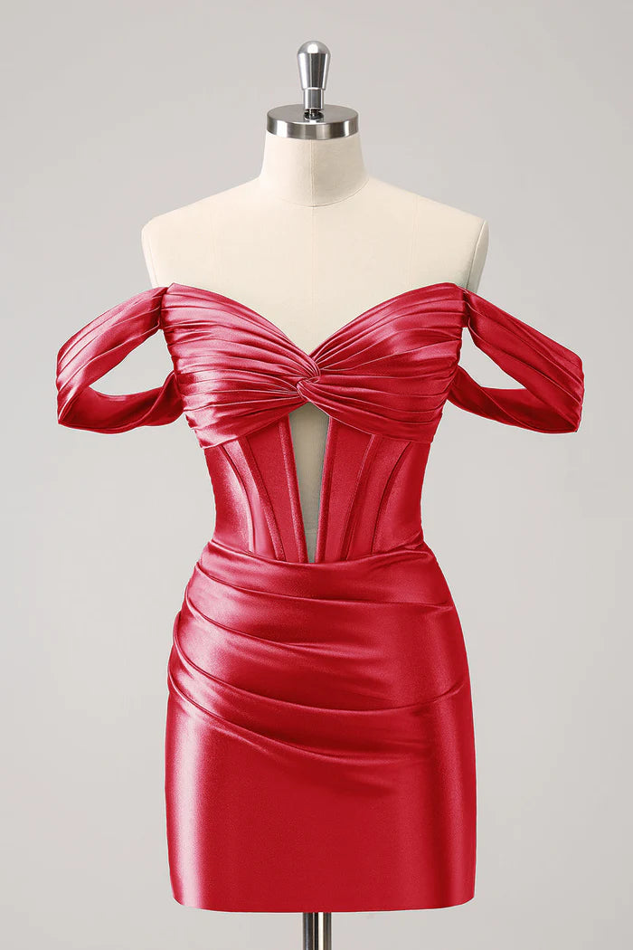 Weitese Dress Dark Green Tight Off the Shoulder Corset Satin Homecoming Dress Pleats Sleeveless Bow Party Dress