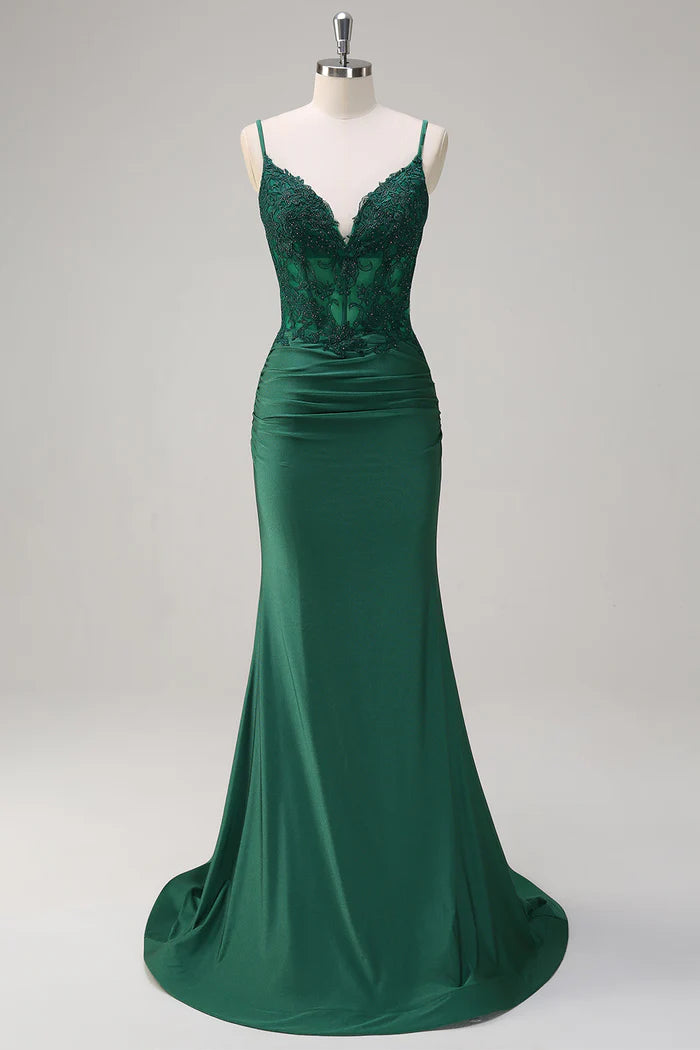Weitese Dress Dark Green V-Neck Mermaid Applique Spaghetti Straps Maxi Dress Prom Dress Sweep Brush Train Evening Dress