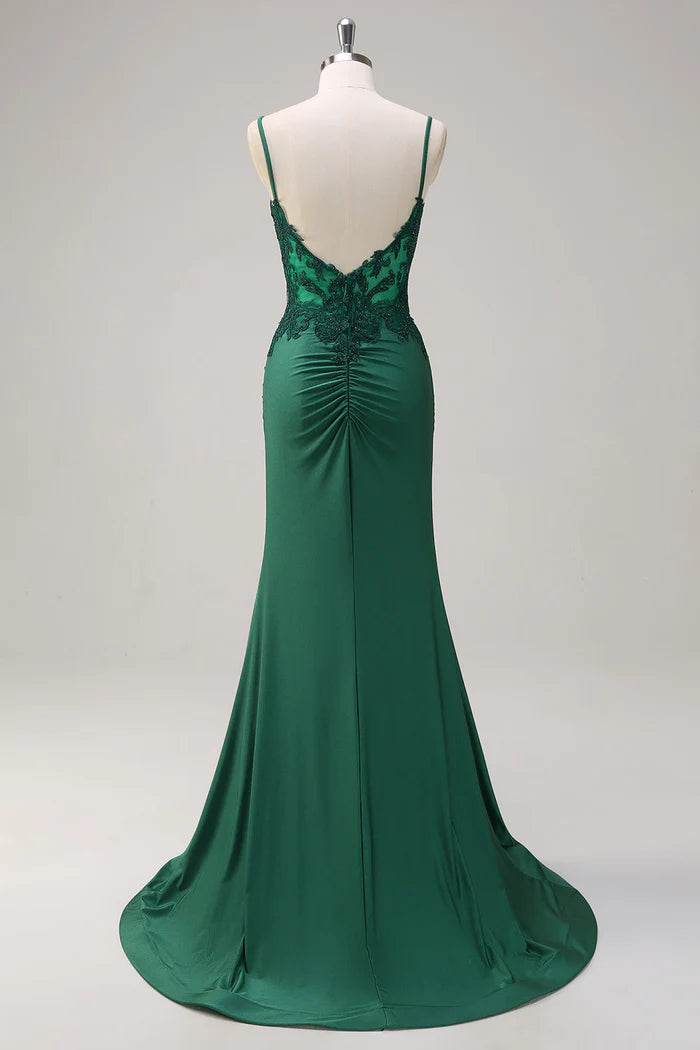 Weitese Dress Dark Green V-Neck Mermaid Applique Spaghetti Straps Maxi Dress Prom Dress Sweep Brush Train Evening Dress