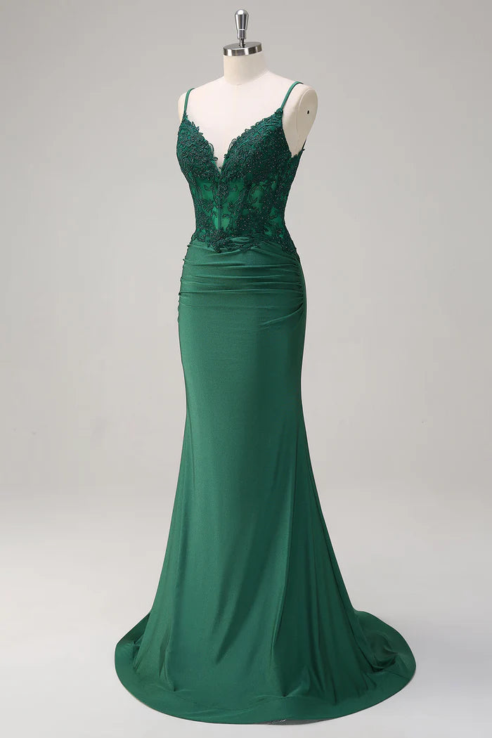 Weitese Dress Dark Green V-Neck Mermaid Applique Spaghetti Straps Maxi Dress Prom Dress Sweep Brush Train Evening Dress
